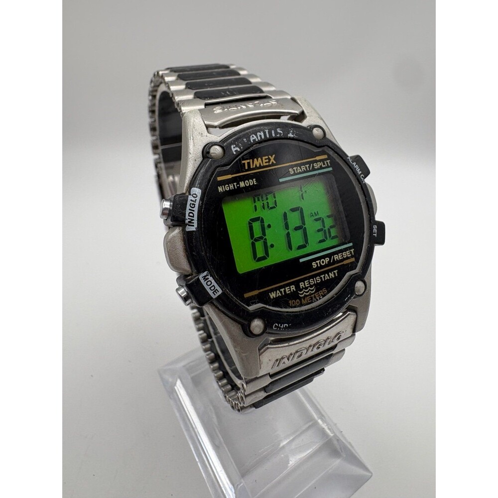Vintage Timex Atlantis 100 Watch Indiglo Graphite Band Digital 745 H8 Works